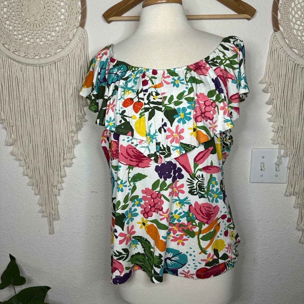 Anthropologie Vibrant Floral Ruffle Blouse XL